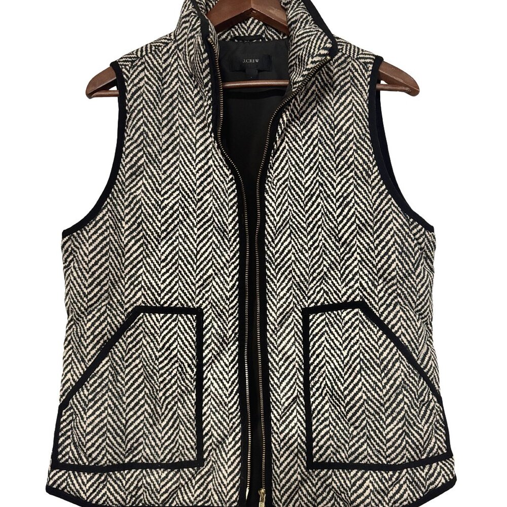 J.Crew Black & Ivory Herringbone Puffer Vest  Zip Front - Size M